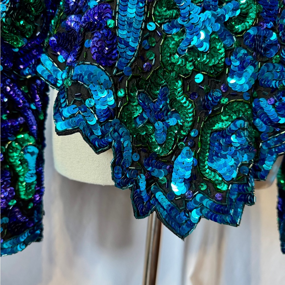 (M) Laurence Kazar Blue Green Sequin Embellished Blouse - Picture 9 of 13